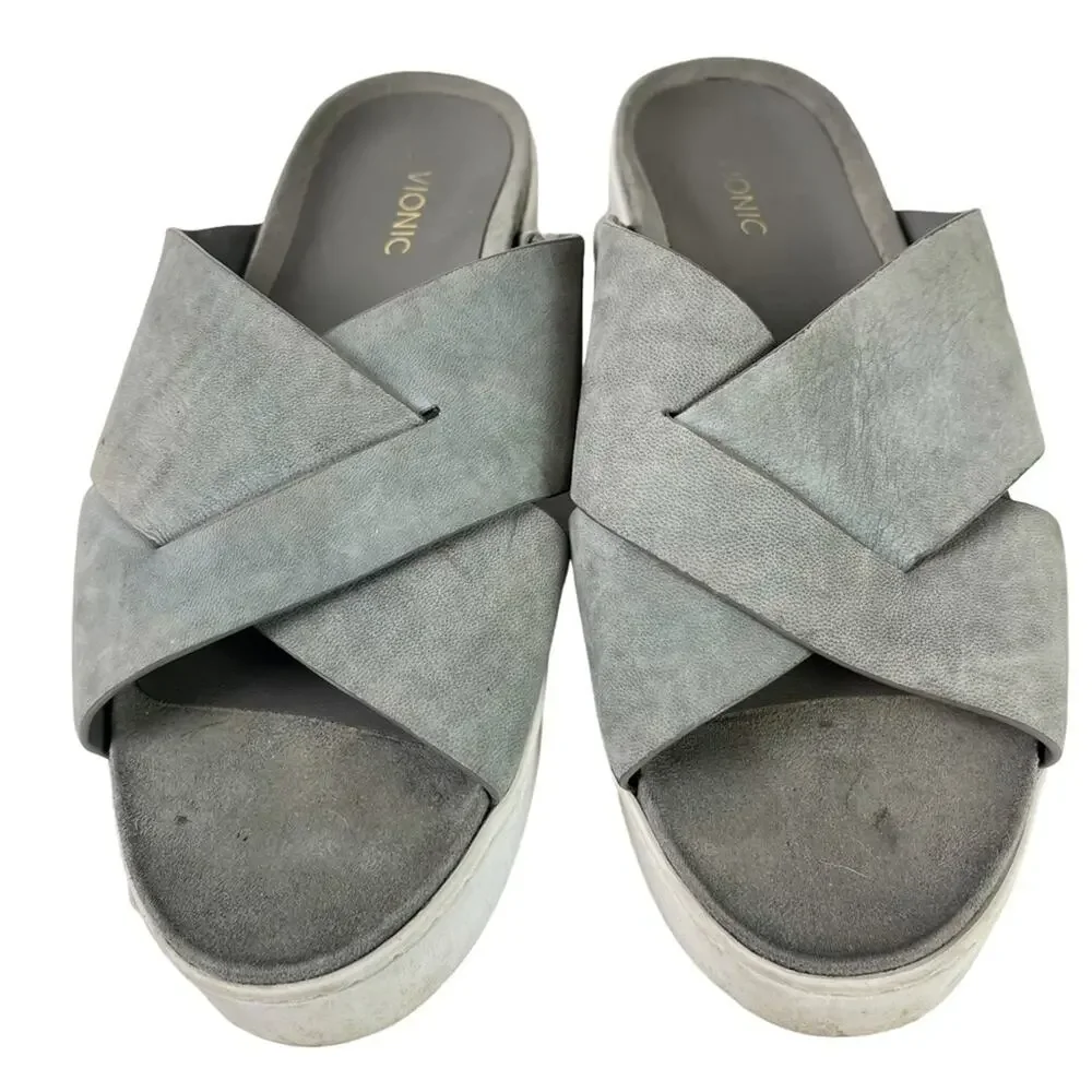 Vionic Lou Gray Wide Criss Cross Strap Slides Genuine Leather Platform Sandals 9